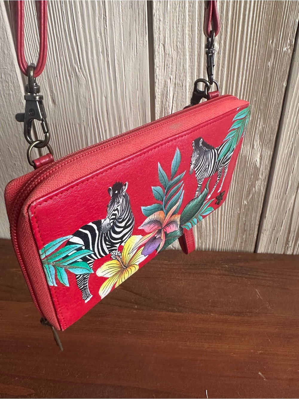 Anuschka Hand Painted Red Zebra & Tropical Floral Crossbody Wristlet Bag - Picture 10 of 16